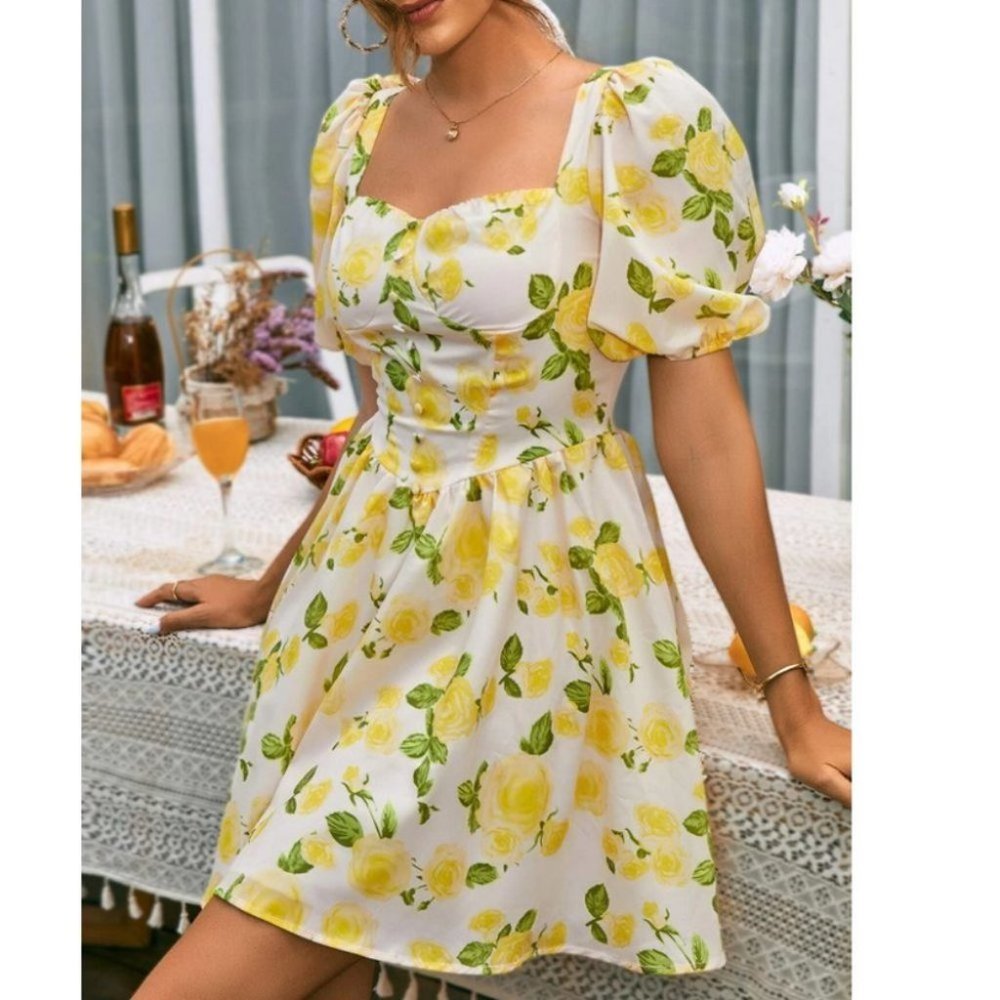 Yellow Floral Sweet Puff Sleeve Sweetheart Neck Mini Dress - Picture 2 of 5
